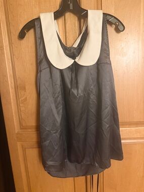 Silky Cobalt Bluish Grey Sleeveless Blouse with White Peter Pan Collar